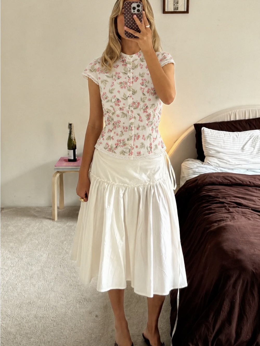 WAYF Talia Off White Raspberry Floral Lace Button Up Top NWT Large Cottage